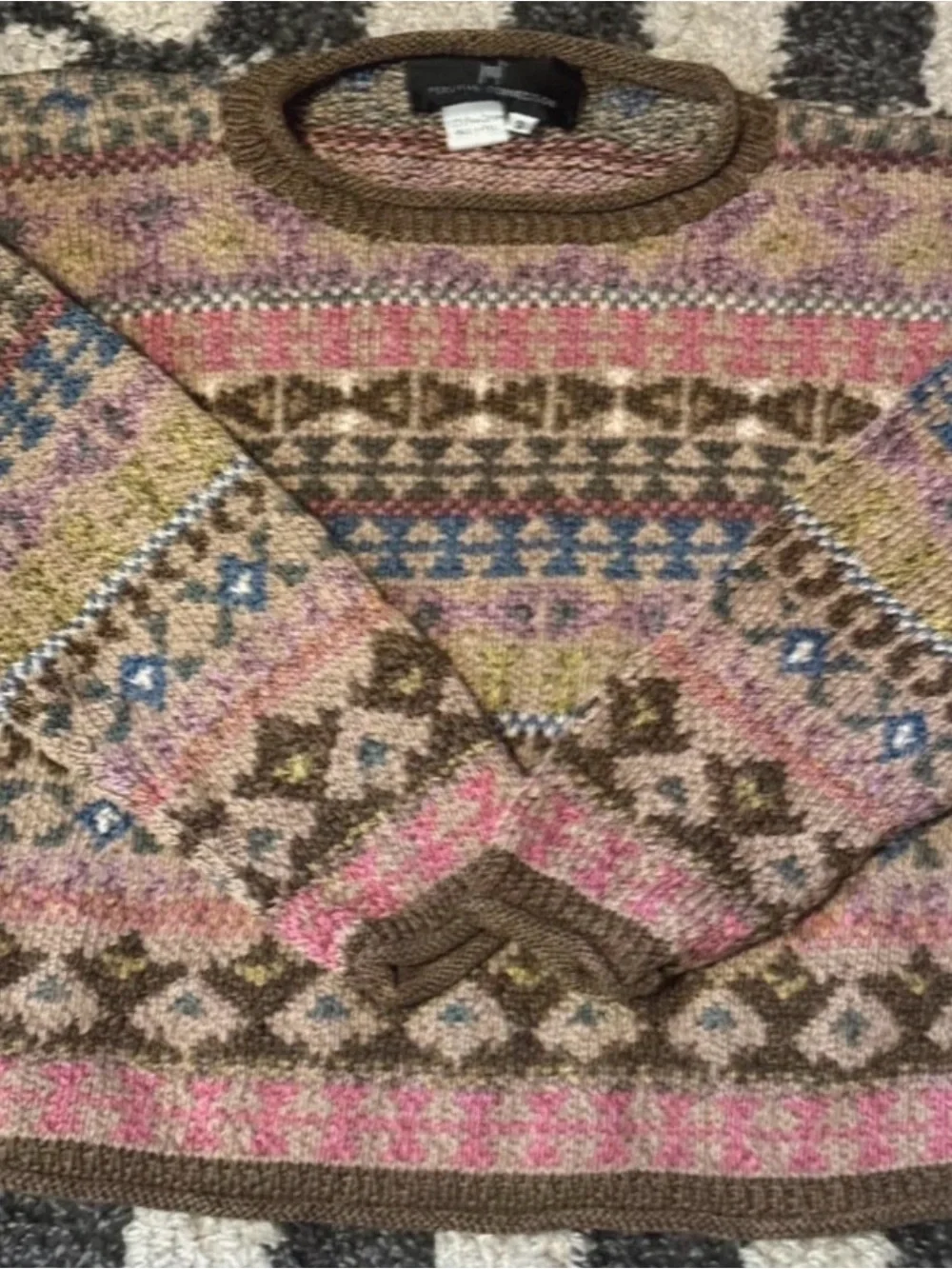 VintagePeruvian Connection Multicolor Fair Isle Crew Sweater - Brown, Pink, Blue